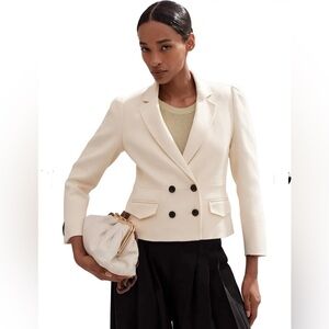 ME+EM 2 Cotton Herringbone Fitted Short Blazer Ecru Jacket cream double breasted